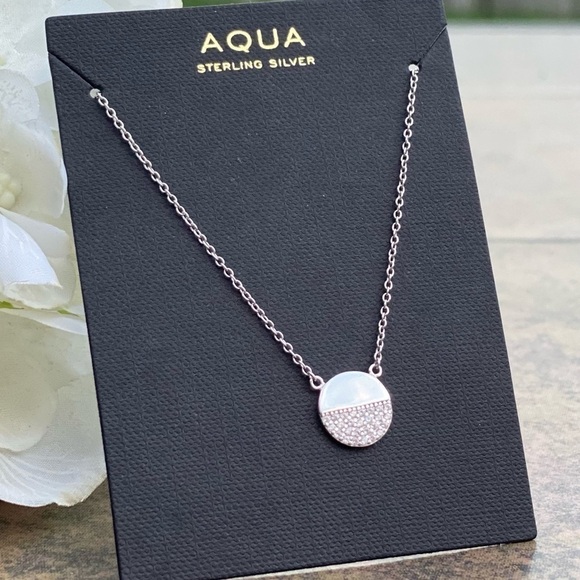 NWT BLOOMINGDALE’S AQUA STERLING SILVER PAVE CIRCLE DISC PENDANT NECKLACE - Picture 4 of 7